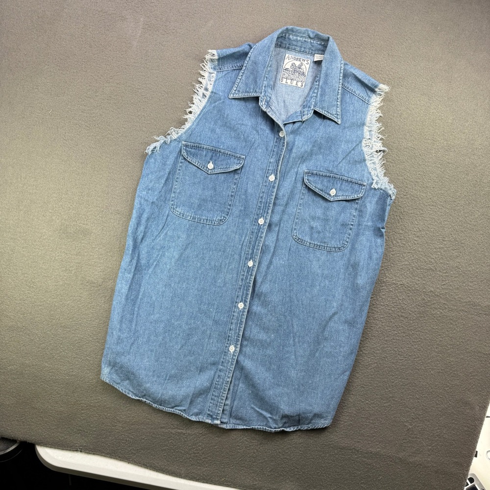Vintage Andrews Blues Vest Women L Denim Raw Hem Trucker Cowboy Button Up - Picture 2 of 8